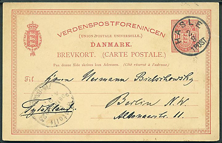 10 øre Våben helsagsbrevkort annulleret med lapidar Hasle d. 2.8.1897 til Berlin, Tyskland.