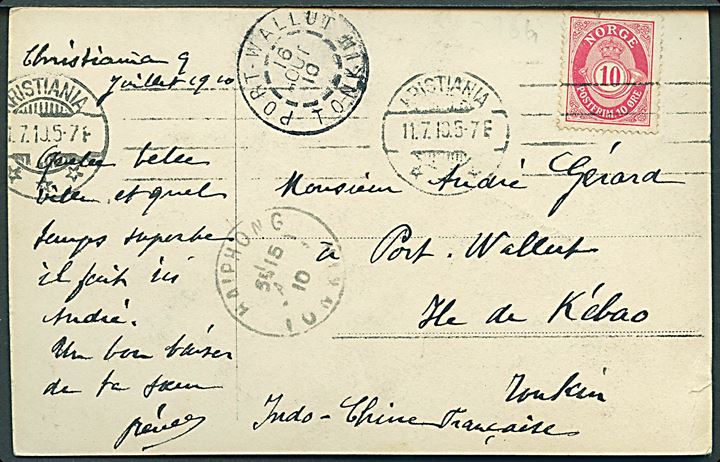 10 øre Posthorn på brevkort (Skjervfossen, Sogn) fra Kristiania d. 11.7.1910 via Haipong til Port Wallut, Il de Kébao, Tonkin, Fransk Indokina. God destination.