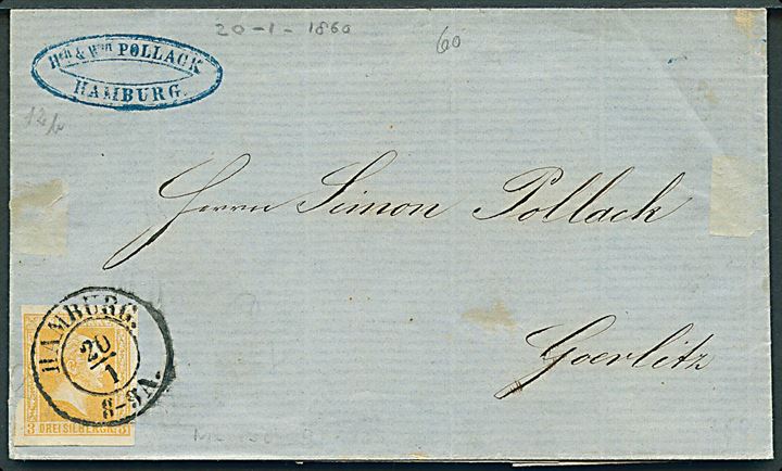 3 Sgr. Friedrich Wilhelm IV single på brev fra Hamburg d. 20.1.1860 til Görlitz. 