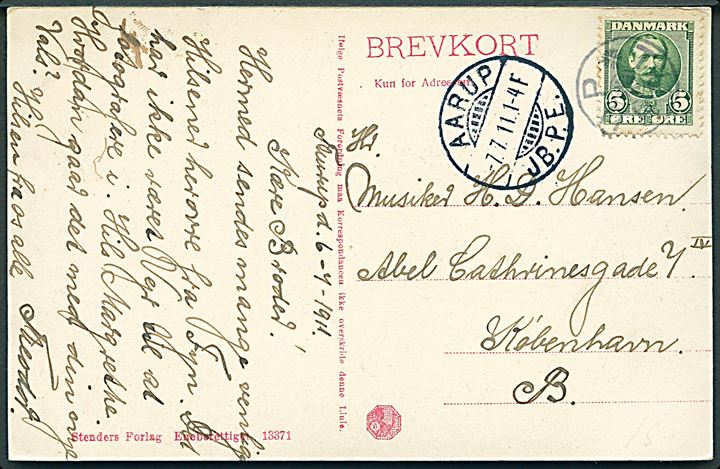 5 øre Fr. VIII på brevkort (Strandmølledammen i Assens) annulleret med stjernestempel TURUP og sidestemplet Aarup JB.P.E. d. 7.7.1911 til København.