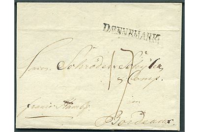 1805. Francobrev dateret Flensburg d. 27.8.1805 med liniestempel DÆNNEMARK til Bordeaux, Franskrig. Påskrevet: Franco Hambg.