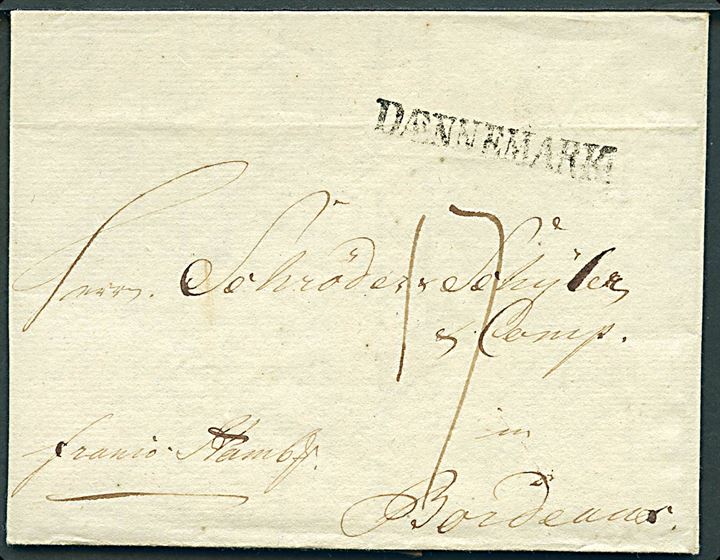 1805. Francobrev dateret Flensburg d. 27.8.1805 med liniestempel DÆNNEMARK til Bordeaux, Franskrig. Påskrevet: Franco Hambg.