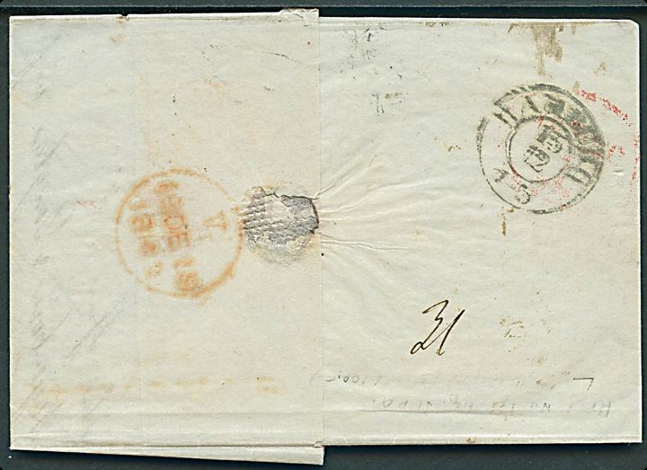 1843. Portobrev fra Königsberg d. 12.12.1843 via Hamburg til London, England. Ovalt rødt portostempel T 15. DEC. fra Hamburg og ank.stemplet i London d. 19.12.1843. 