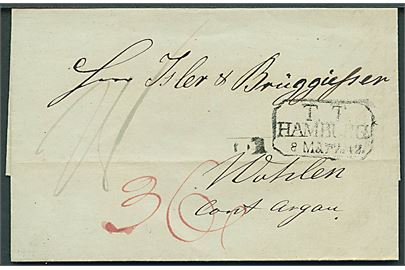 1842. Portobrev med rammestempel T. T. Hamburg d. 8.3.1842 til Wohlen, Schweiz. Flere portopåtegninger.