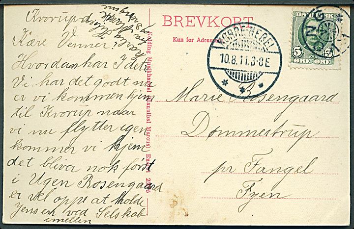 5 øre Fr. VIII på brevkort (Parti fra Vonsild) annulleret med stjernestempel KVONG og sidestemplet Nørre-Nebel d. 10.8.1911 til Dømmestrup pr. Fangel.