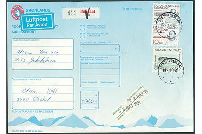 8,50 kr. Remmesæl, 10 kr. Frederik Lynge og 25 kr. Augo Lynge på adressekort for indenrigs luftpostpakke fra Ilulissat d. 7.5.1991 til Aasiaat.