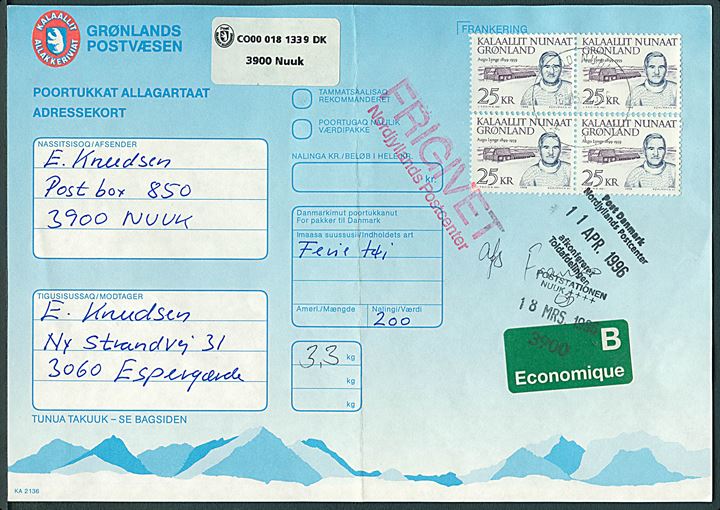 25 kr. Ago Lynge i fireblok på adressekort for pakke fra Godthåb d. 18.3.1996 til Espergærde.