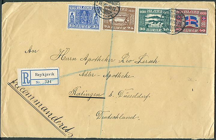 3 aur, 25 aur, 30 aur, 35 aur og 40 aur Alltinget 1000 år på for- og bagside af anbefalet brev fra Reykjavik d. 16.7.1930 via Edinburgh til Ratingen b. Düsseldorf, Tyskland.