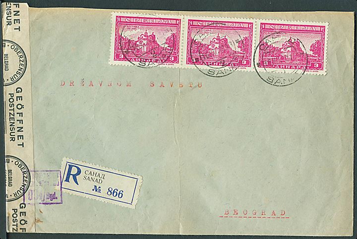 3 din. Ljubostinja Kloster i 3-stribe på anbefalet brev fra Sanad d. 16.12.1943 yil Beograd. Åbnet af lokal serbisk censur.