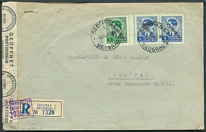 1 din. og 4 din. (par) Serbien provisorium på anbefalet lokalbrev i Beograd d. 8.9.1942. Åbnet af lokal serbisk censur.