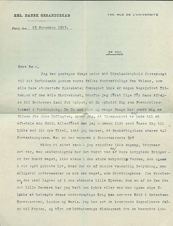 Ufrankeret fortrykt kuvert fra Legation de Danemark i Paris d. 23.11.1917 til Vordingborg, Danmark. Antagelig sendt som kurérpost. Indeholder spændende brev som bl.a. omtaler nedskydning af tysk zeppeliner.