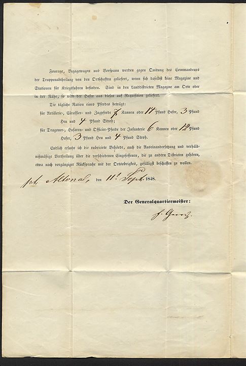 1848. Militaria brev med fuldt indhold fra Generalquartiermeister i Altona d. 11.9.1848 til Indkvarteringskommissionen i Segeberg. På bagsiden antiqua P. A. Altona d. 12.9.1848.