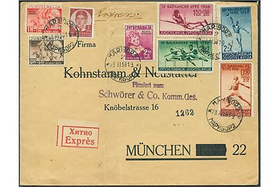 Komplet sæt 9. Balkan lege og andre på ekspresbrev fra Maribor d. 23.11.1938 til München, Tyskland.