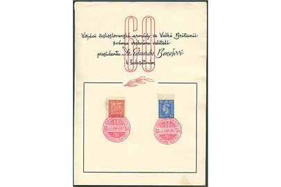 Tjekkisk 20 h. udg. og engelsk 2½d George VI i souvenirmappe annulleret med særstempel fra de tjekkiske eksilstyrker i England d. 28.5.1944.