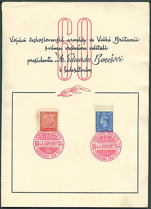 Tjekkisk 20 h. udg. og engelsk 2½d George VI i souvenirmappe annulleret med særstempel fra de tjekkiske eksilstyrker i England d. 28.5.1944.