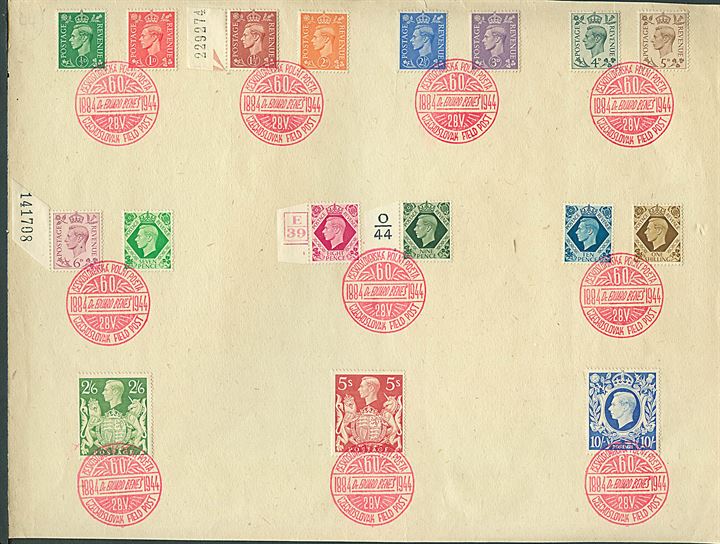 George VI udg. fra ½d til 10 shilling på ark annulleret med særstempel fra de tjekkiske eksilstyrker i England d. 28.5.1944.