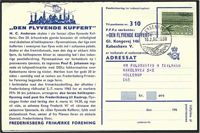 15 øre Fugleflugtslinien på bestillingskort til Den flyvende Kuffert-kuverter stemplet København Lufthavn d. 10.2.1965 til København.