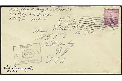 3 cents Defence på brev med maskinstempel American Base Forces APO 810 (= Baldurshagi) d. 17.1.1942 til USA. Fra 556th Signal Aircraft Warning (sep). APO 810. Unit censor No. 602.