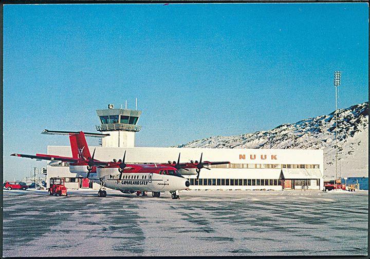 Grønland. Lufthavnen i Godthaab med fly. KGH no. 187. På dansk og engelsk. Trykt af Dansk Kliche Fabrik. 
