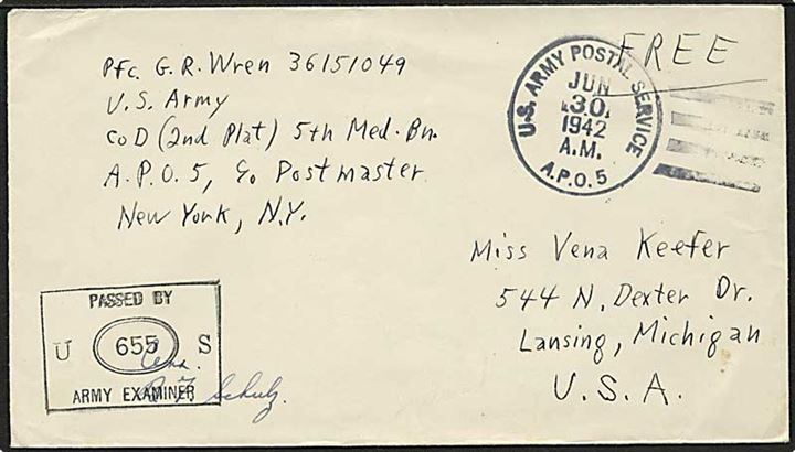 Ufrankeret free mail brev stemplet U.S.Army Postal Service APO 5 (= Baldurshagi) d. 30.7.1942 til USA. Fra Co. D. 5th Medical Bn. APO 5. Unit censor No. 655.
