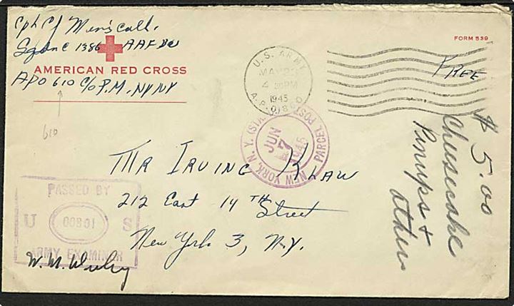 Ufrankeret American Red Cross kuvert stemplet U.S.Army APO 860 (= Reykjavik) d. 23.5.1945 til USA. Fra Squadron C, 1386 Army Air Force Base Unit, APO 610 (= Keflavik). Unit censor no. 00801.