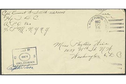 Ufrankeret amerikansk free mail brev stemplet U.S. Army Postal Service APO 860 (= Reykjavik) d. 25.4.1945 til USA. Fra Headquarter, Iceland Base Command APO 860. Unit censor No. 00674