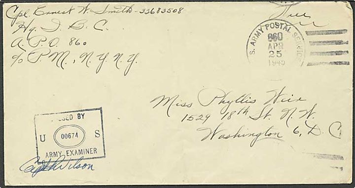 Ufrankeret amerikansk free mail brev stemplet U.S. Army Postal Service APO 860 (= Reykjavik) d. 25.4.1945 til USA. Fra Headquarter, Iceland Base Command APO 860. Unit censor No. 00674
