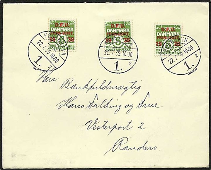 5 øre DFU provisorium (3) på brev fra København d. 22.7.1939 til Randers.