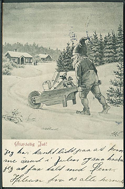 Thorvald Rasmussen: Glædelig Jul. Nisse med trillebør. Sk. B. & Kf. no. 3103. 