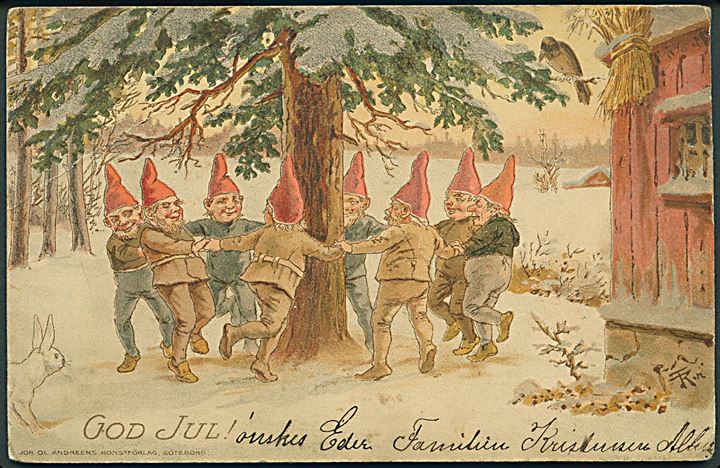 Thorvald Rasmussen: God Jul. Nisser danser om træet. Jon. Ol. Andreens Konstforlag u/no. (Svagt knæk). 