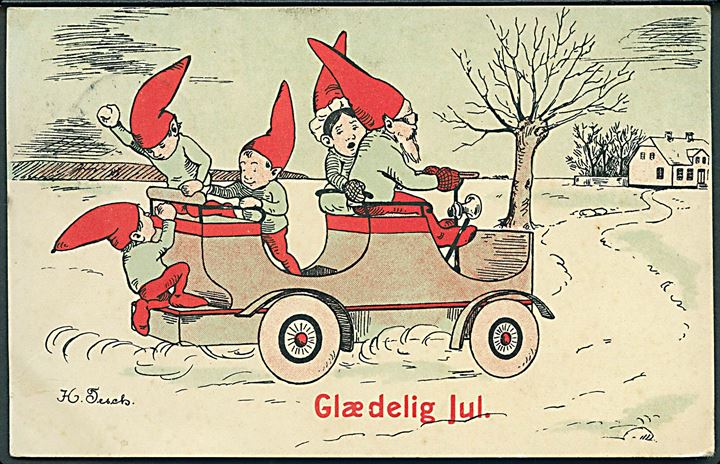 Helga Tesch: Glædelig Jul. Automobil med nisser. E. F. P. no. 700/19. 