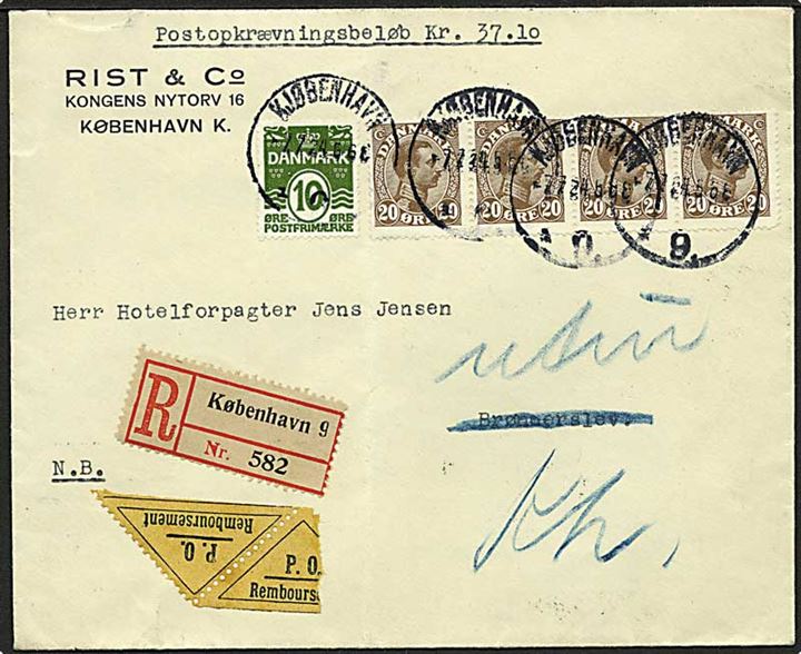 10 øre Bølgelinie og 20 øre Chr. X i 4-blok på anbefalet brev med opkrævning fra Kjøbenhavn 9 d. 7.7.1924 til Brønderslev. Returneret som Modtagelse nægtet.