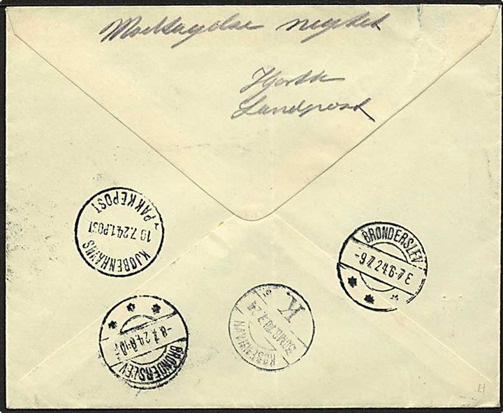 10 øre Bølgelinie og 20 øre Chr. X i 4-blok på anbefalet brev med opkrævning fra Kjøbenhavn 9 d. 7.7.1924 til Brønderslev. Returneret som Modtagelse nægtet.