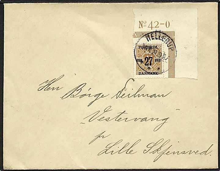27/41 øre Provisorium med marginal-nr. 42-0 på brev stemplet Hellerup d. 10.6.1921 til Lille Skensved.