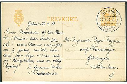 7 øre Chr. X helsagsbrevkort (fabr. 47-C) dateret Sjølund og annulleret med bureaustempel Kolding - Hejlsminde T.3 d. 29.3.1919 til København.