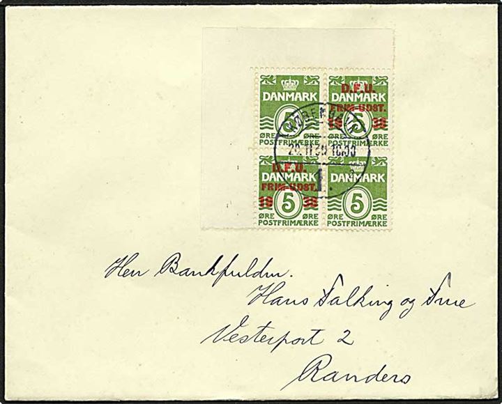 5 øre Bølgelinie og 5 øre DFU Provisorium i fireblok på brev fra København d. 20.11.1938 til Randers.