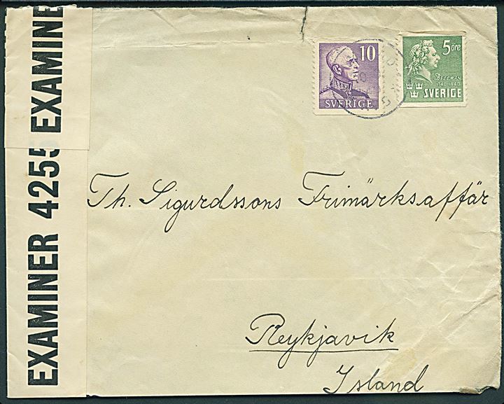 5 öre Bellman og 10 öre Gustaf på brev annulleret med svagt stempel ca. 1940 til Reykjavik, Island. Åbnet af britisk censur PC90/4255. Afkortet i bunden og lidt nusset.