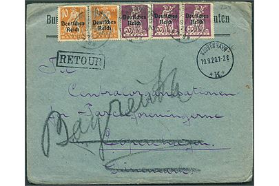 10 pfg. (2) og 20 pfg. (3) Bayern Deutsches Reich provisorium på brev fra Bayreuth d. x.9.1920 til København, Danmark. Retur med stempel Adresse insuffisante / Utilstrækkelig Adresse.