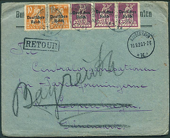 10 pfg. (2) og 20 pfg. (3) Bayern Deutsches Reich provisorium på brev fra Bayreuth d. x.9.1920 til København, Danmark. Retur med stempel Adresse insuffisante / Utilstrækkelig Adresse.