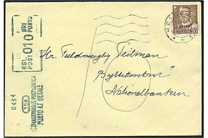 20 øre Fr. IX på underfrankeret brev fra Hellerup d. 27.5.1955 til København. 10 øre Grønt porto-maskinstempel fra Købmagergades Postkontor.
