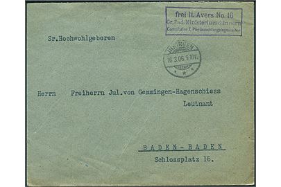 Ufrankeret tjenestebrev fra Gr. Bad. Ministerium d. Innern i Inringen d. 16.3.1906 til Baden-Baden.