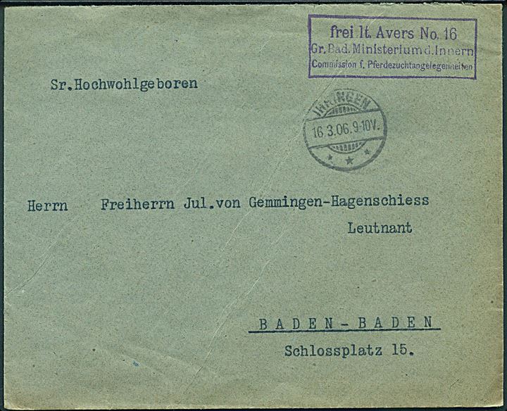 Ufrankeret tjenestebrev fra Gr. Bad. Ministerium d. Innern i Inringen d. 16.3.1906 til Baden-Baden.