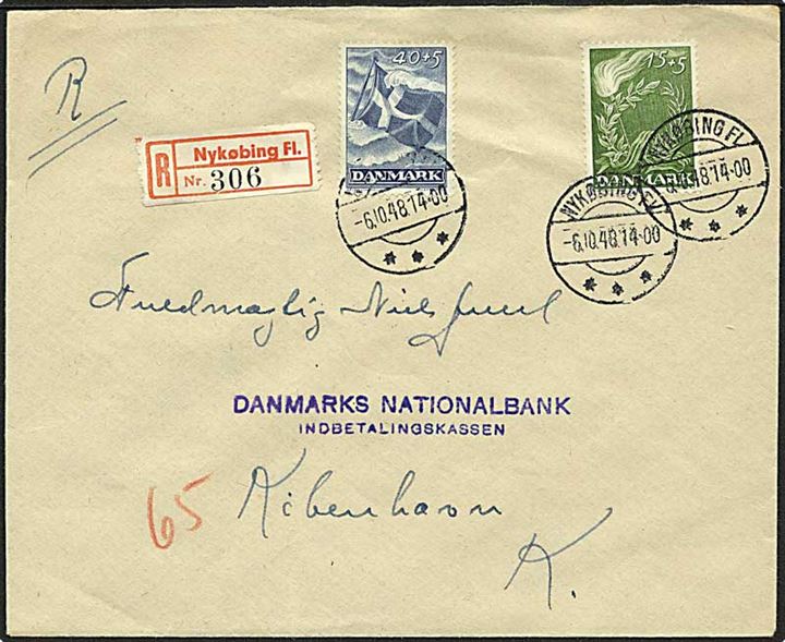 15+5 øre og 40+5 øre Frihedsfonden på anbefalet brev fra Nykøbing Fl. d. 6.8.1948 til København.
