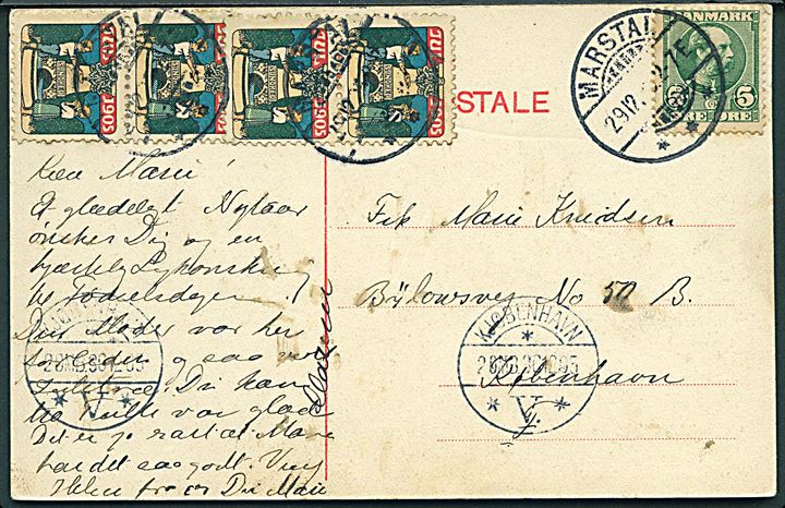 5 øre Chr. IX og Julemærke 1905 i to parstykker på brevkort (Prinsegade, Marstal) fra Marstal d. 29.12.1905 til København.