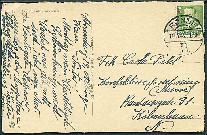 15 øre Fr. IX på brevkort fra Allinge annulleret med brotype Vc Rønne B. d. 19.12.1949 til København.