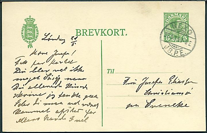 5 øre Chr. X helsagsbrevkort annulleret med brotype Ia Nexø JB.P.E. d. 22.5.1915 til Christiansø pr. Svaneke.