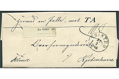 1869. Pakkefølgebrev for tjenestepakke mærket KTmA fra Thisted Amt med antiqua Thisted d. 27.2.1869 til Kjøbenhavn.