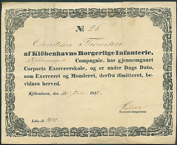 Bevis fra Kiøbenhavns Borgerlige Infanteri for gennemgået exerceerskole dateret Kjøbenhavn d. 20.6.1847.
