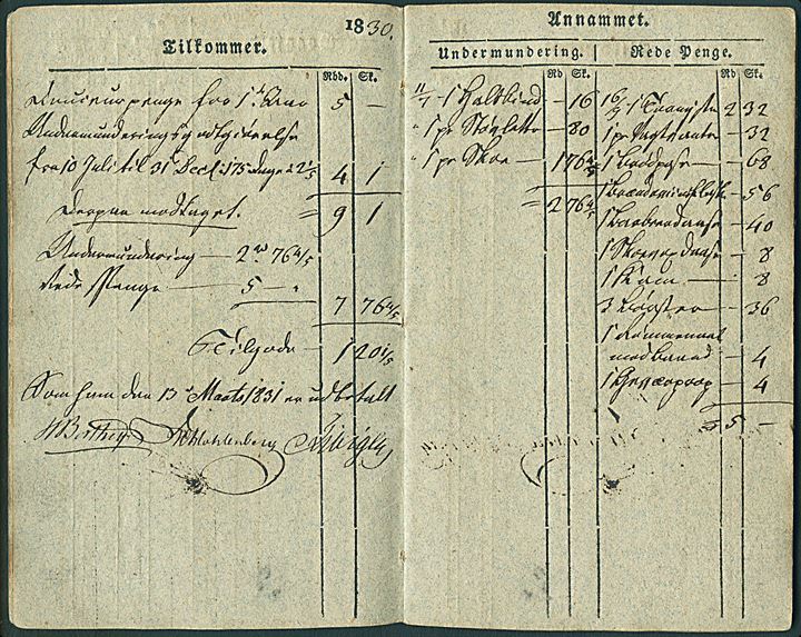 Afregningsbog for soldat ved Hans Majestæt Kongens Regiment 1830-1838. 