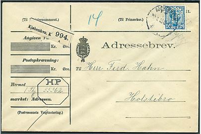 20 øre Chr. X med perfin HP på adressebrev for pakke fra firma Holger Petersen i Kjøbenhavn d. 28.1.1915 til Holstebro.